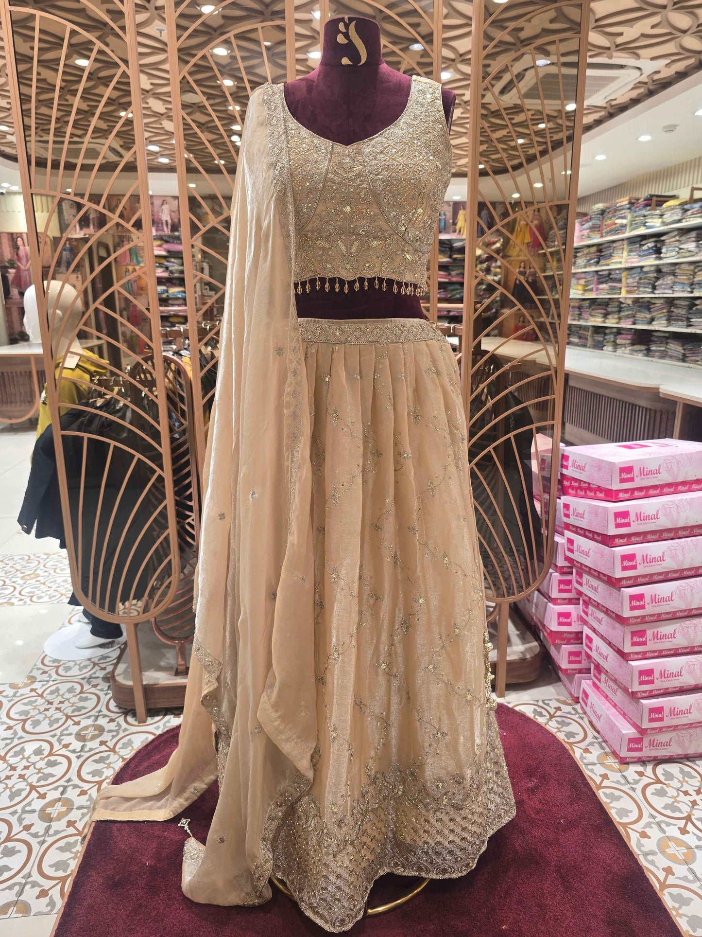 Women Fawn Tissue Silk Lehenga Set