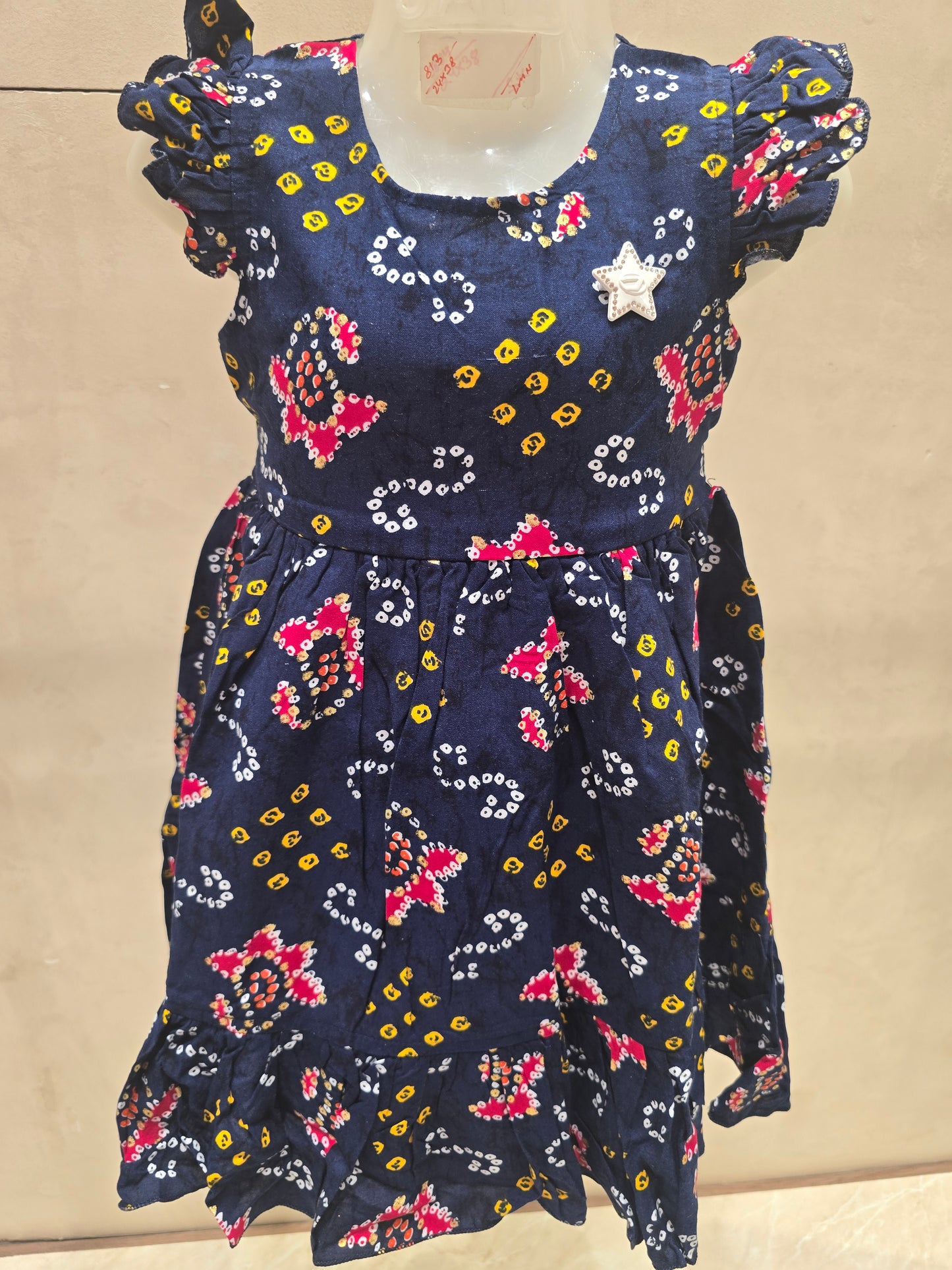 Dark Blue Cotton Shirt Frock with Bandhani Print & Mega Sleeves – Casual Wear for Girls