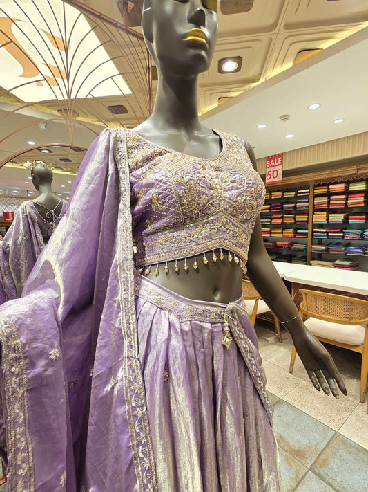 Lavender Tissue Silk Lehenga Choli with Gold Zari and Sequin Hand Embroidery