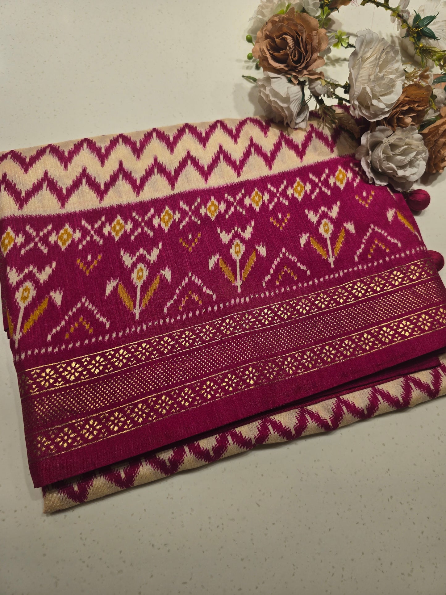 Semi Patola Silk Saree with Traditional Ikat Weaving & Zari Border | Elegant Festive & Wedding Wear Saree for Women