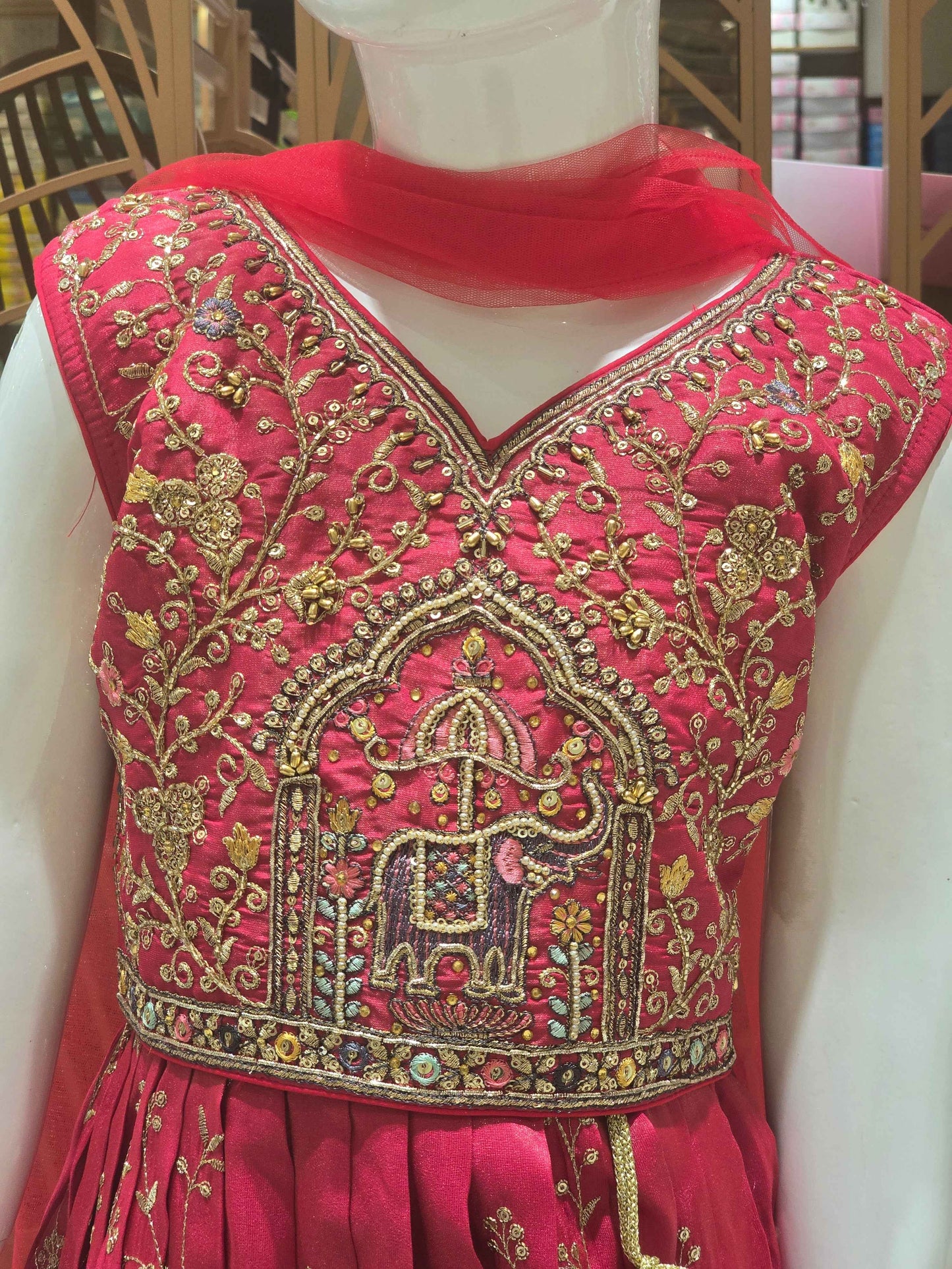 Chinon material ghagra choli for girl with zari embroidery and ladkans