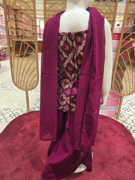 Girls Maroon Banarasi Bandhini Sharara Set