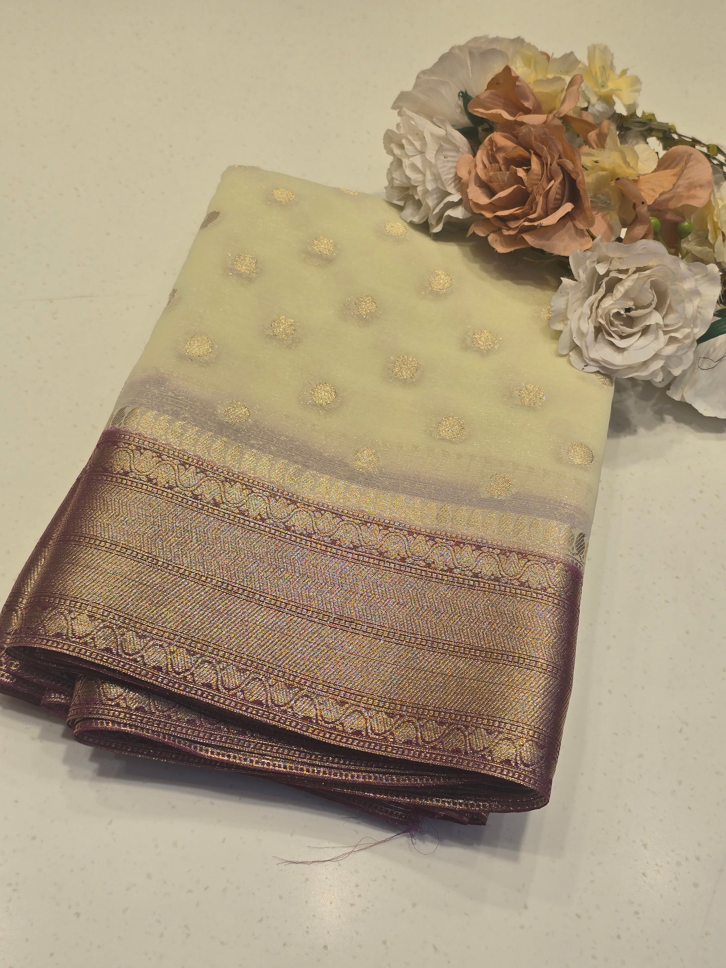 Georgette Silk Saree with Butta Motif, Traditional Zari Border & Contrast Blouse | Festive & Party Wear