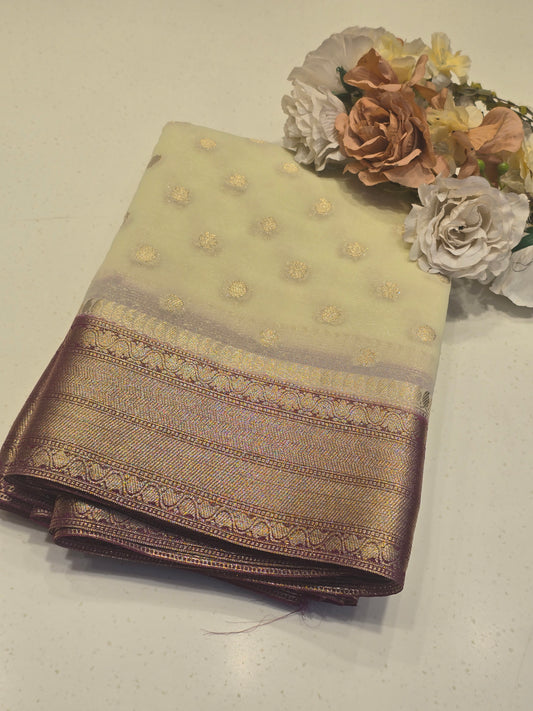 Georgette Silk Saree with Butta Motif, Traditional Zari Border & Contrast Blouse | Festive & Party Wear