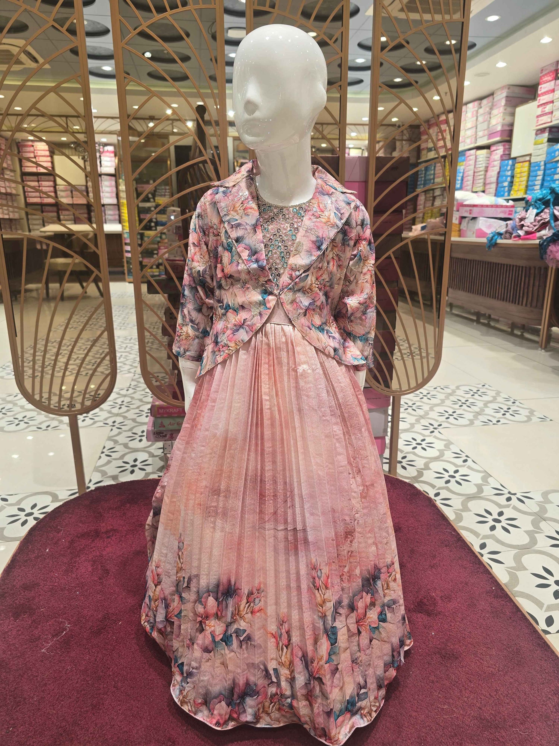 Girl Peach Multi Floral Printed Crepe Gown