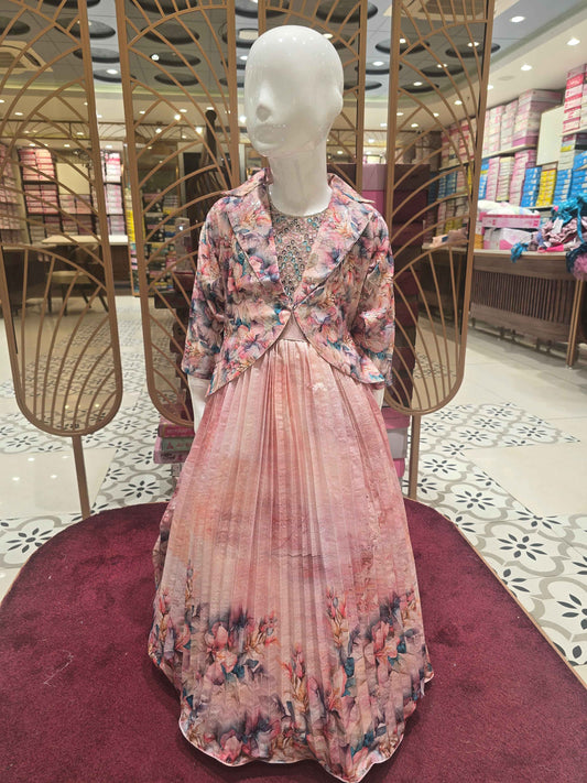 Girl Peach Multi Floral Printed Crepe Gown