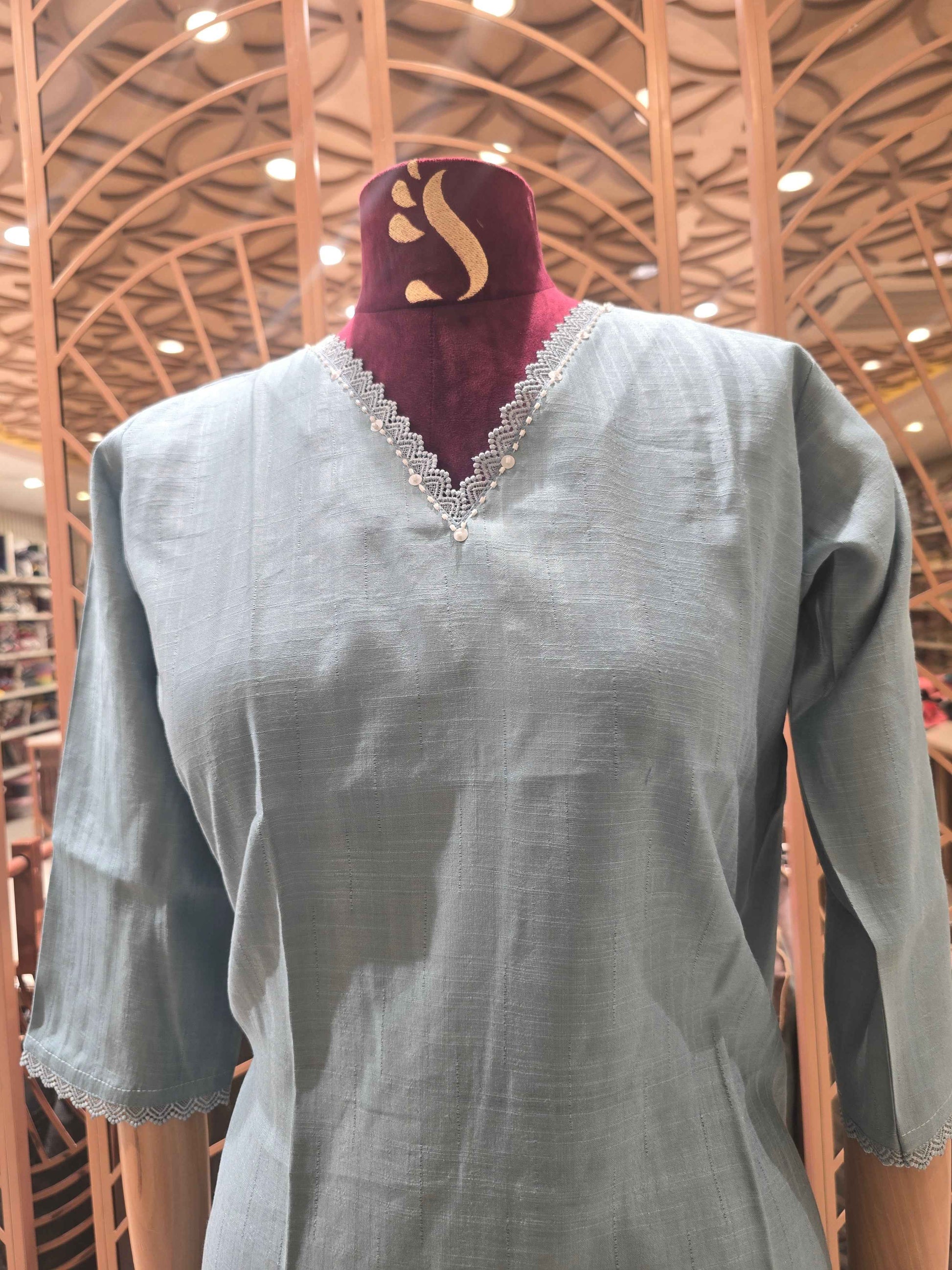 Cotton material grayish blue color kurti with floral white embroidery