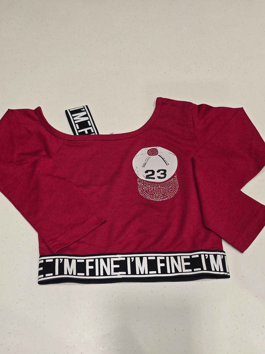 maroon/dark red off-shoulder long-sleeve crop top designed with activewear or streetwear styling