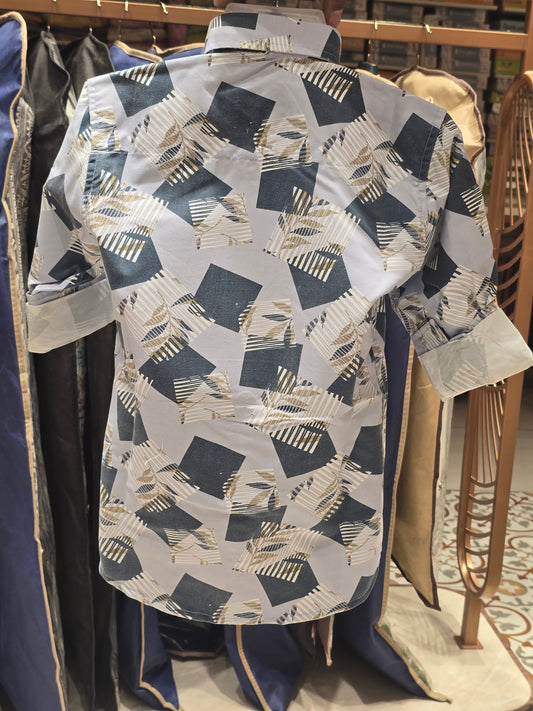 Boy Grayish Blue Square Printed Cotton Shirt