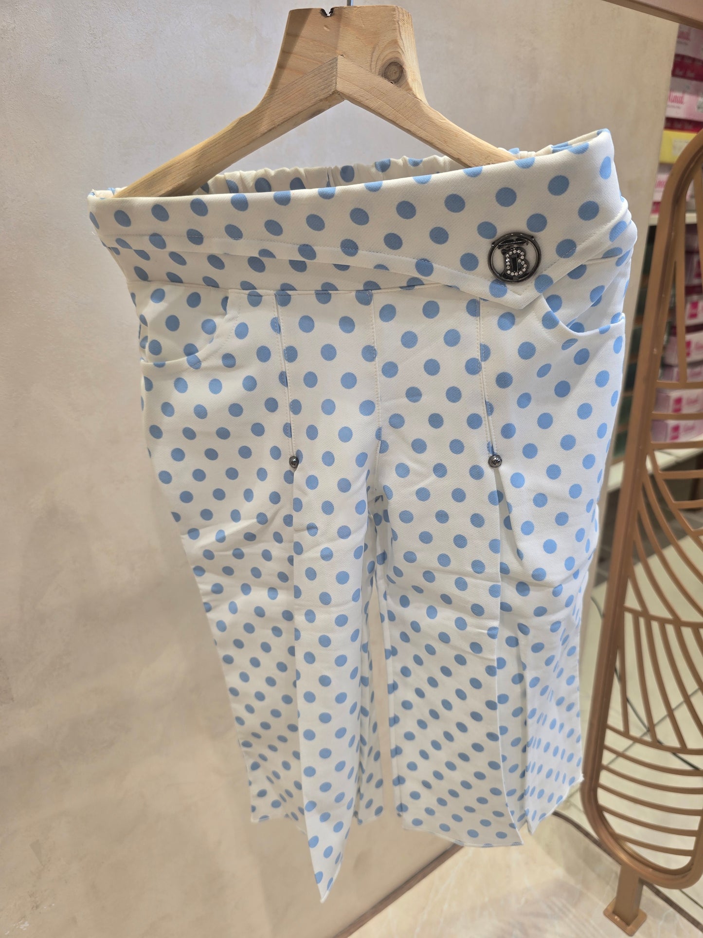 Girls Satin Capri Pant in White Base with Sky Blue Polka Dot Print and Stylish Left Side Logo for Summer Casual Wear