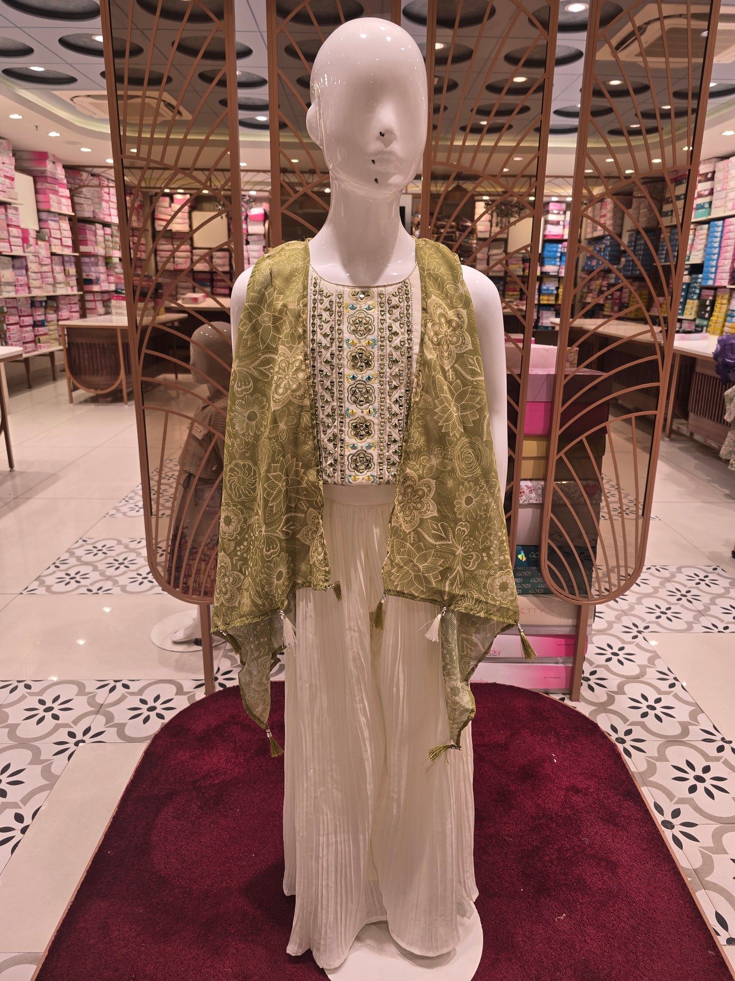 Half White Crepe Chiffon Indo Western Palazzo Set for Girls with Printed Open Jacket & Crush Fabric Bottom – 3 Piece Ethnic Set