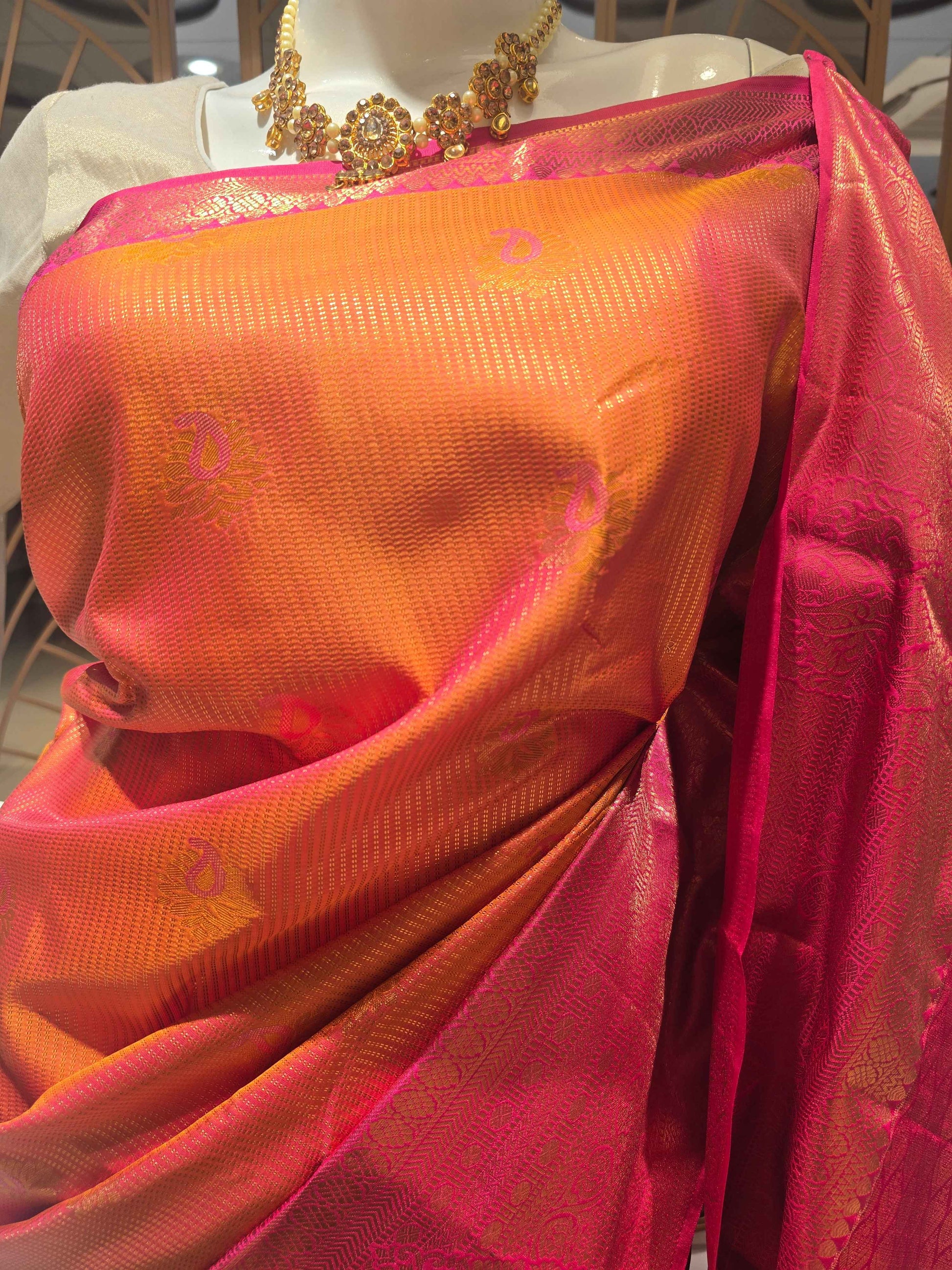 Semi kanjivaram silk saree , double strips wifh mango motifs and rich pallu