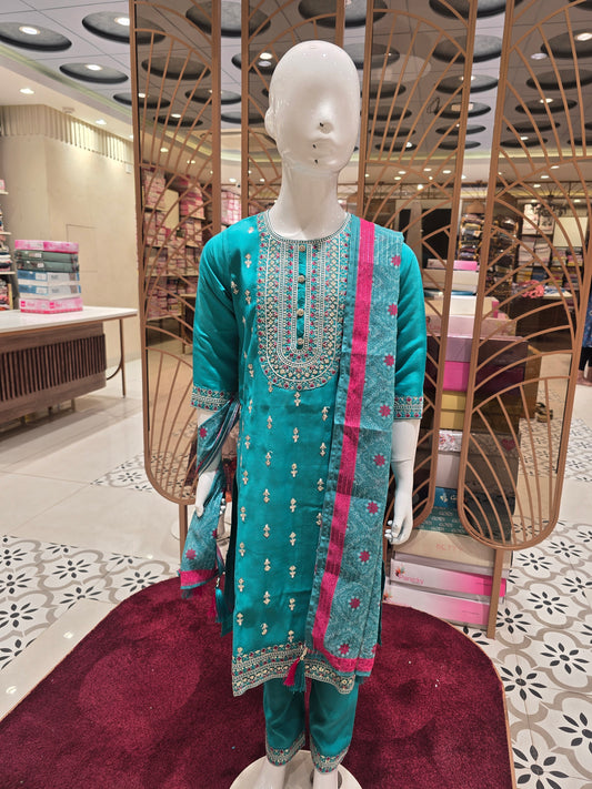Girls Span Cotton Ethnic Chudidar Set in Peacock Color with Embroidery Work and Printed Dupatta for Festive and Traditional Occasions