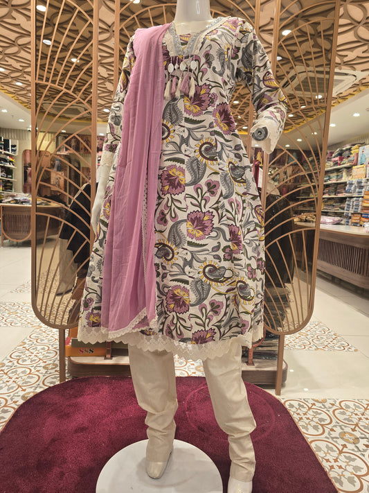 Cream Linen Cotton Anarkali Kurti Set for Women with Floral Print, Thread Work Detailing and Chiffon Veil Dupatta