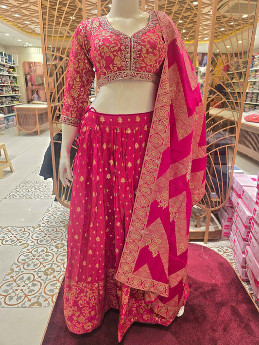 Women Rani Pink Pure Banarasi Lehenga Set
