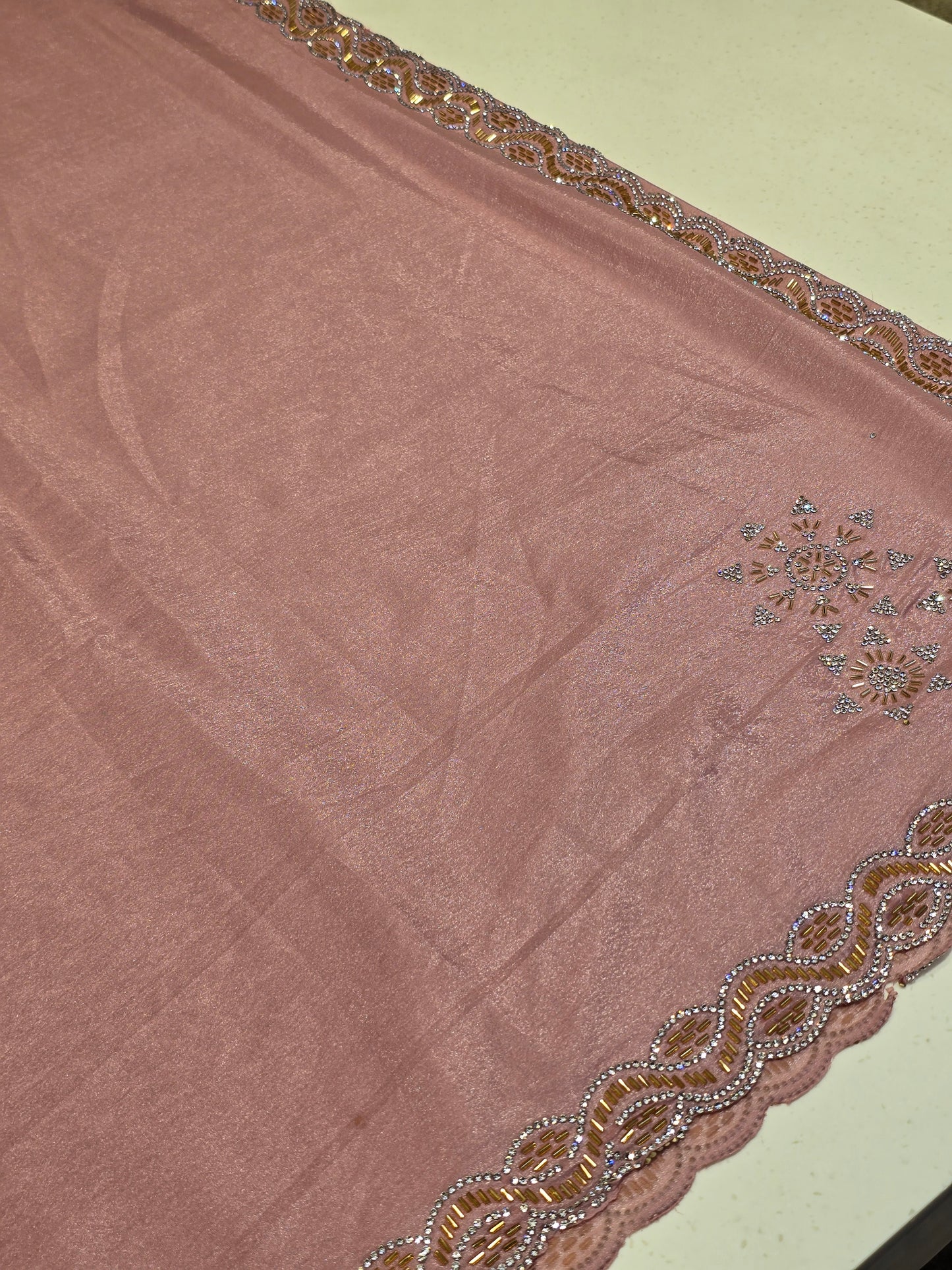 Shining Satin Saree with Stone Work & Cutwork Border – Onion Pink | Festive & Daily Wear