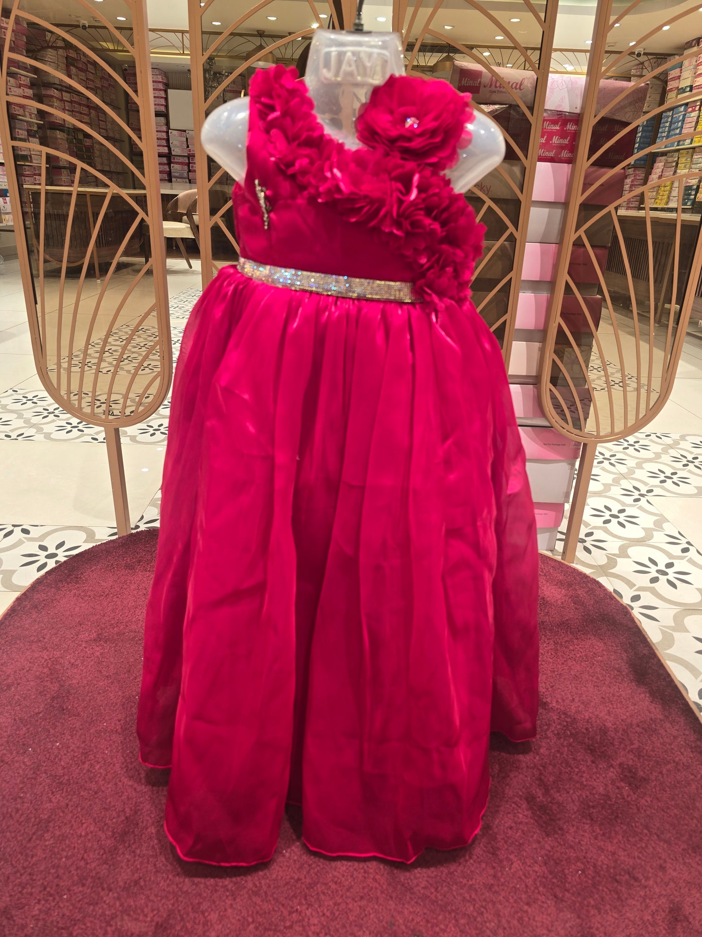 Girl Cherry Pink Chiffon Flower Cut Party Gown