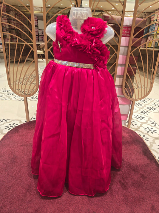 Girl Cherry Pink Chiffon Flower Cut Party Gown