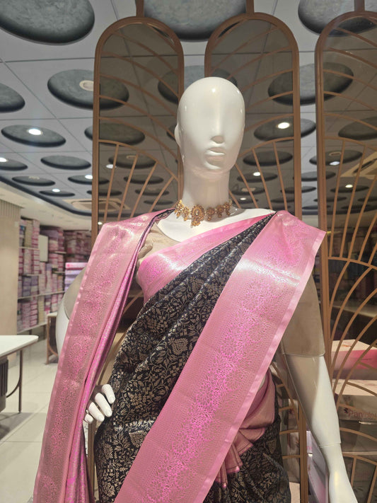 Black Baby Pink Semi Kanjivaram Brocade Silk Saree