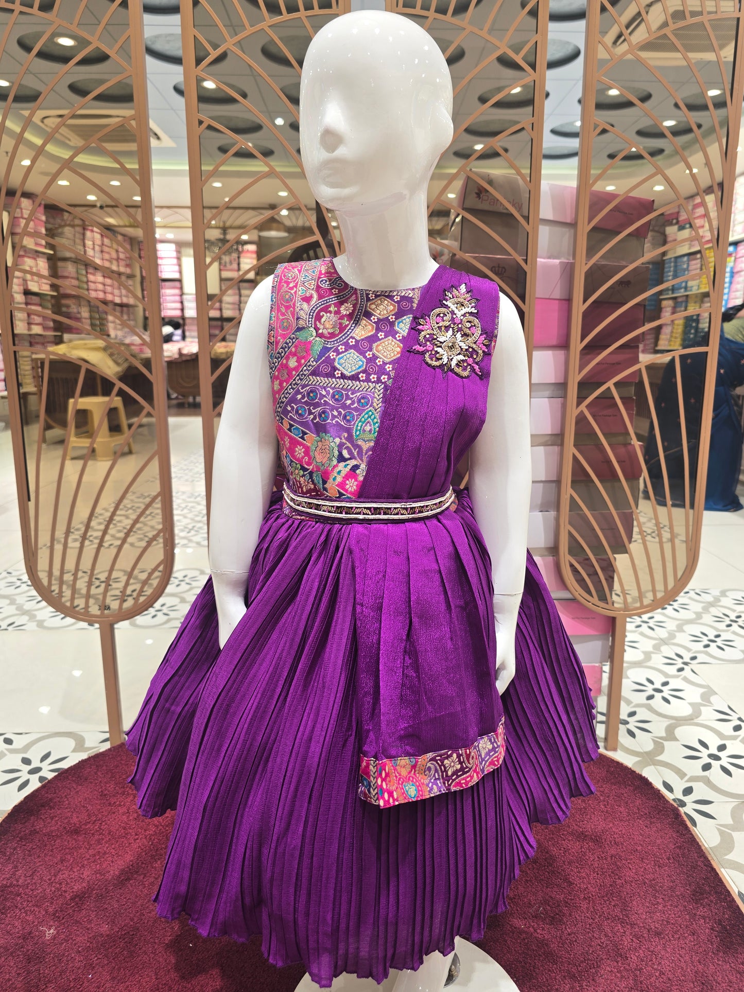 Girl Purple Banarasi Crepe Traditional Short Frock