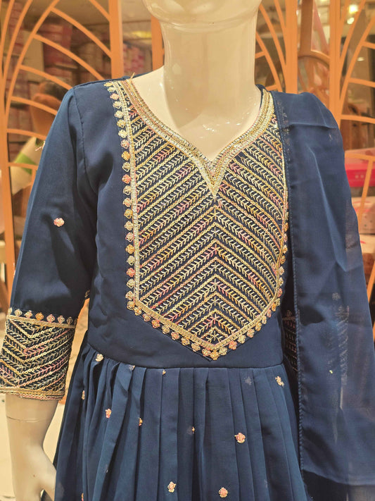 Chiffon material Teel blue color Anarkali kurta with zari embroidery