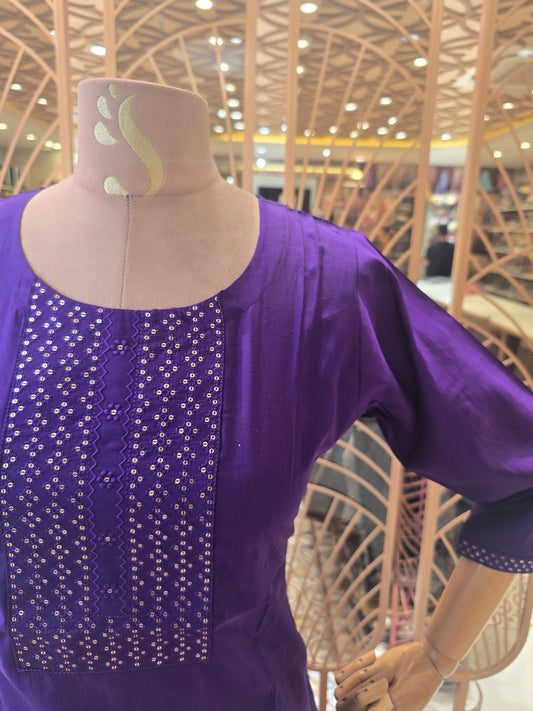 Women’s Silk Mix Straight Kurta in Purple with Sequins Work, Round Neck and ¾th Sleeves for Daily and Casual Wear