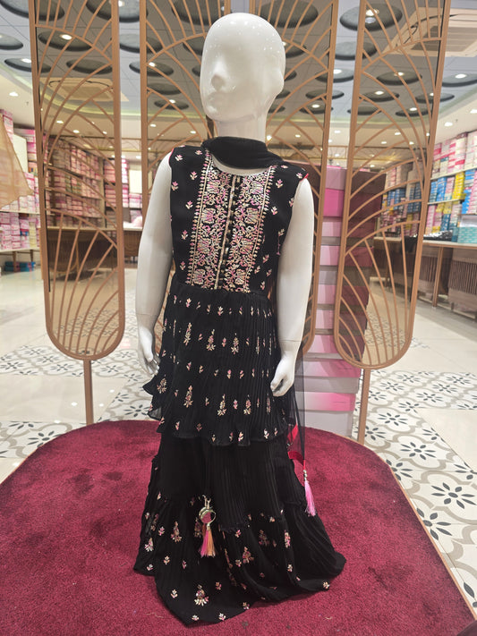 Girl Black Embroidered Chiffon Ghagra Choli Set
