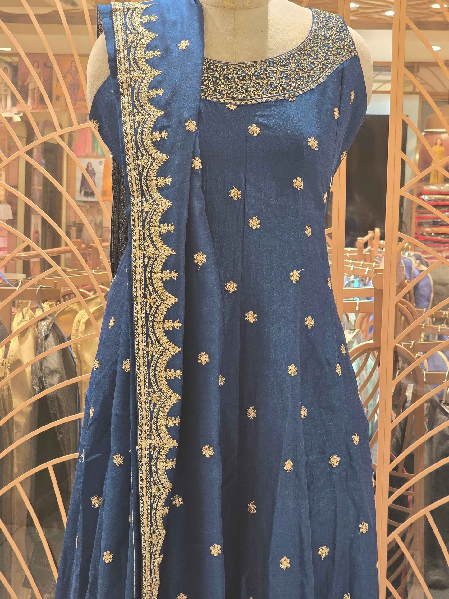 Crepe material peacock blue color Anarkali kurta set with grand neck