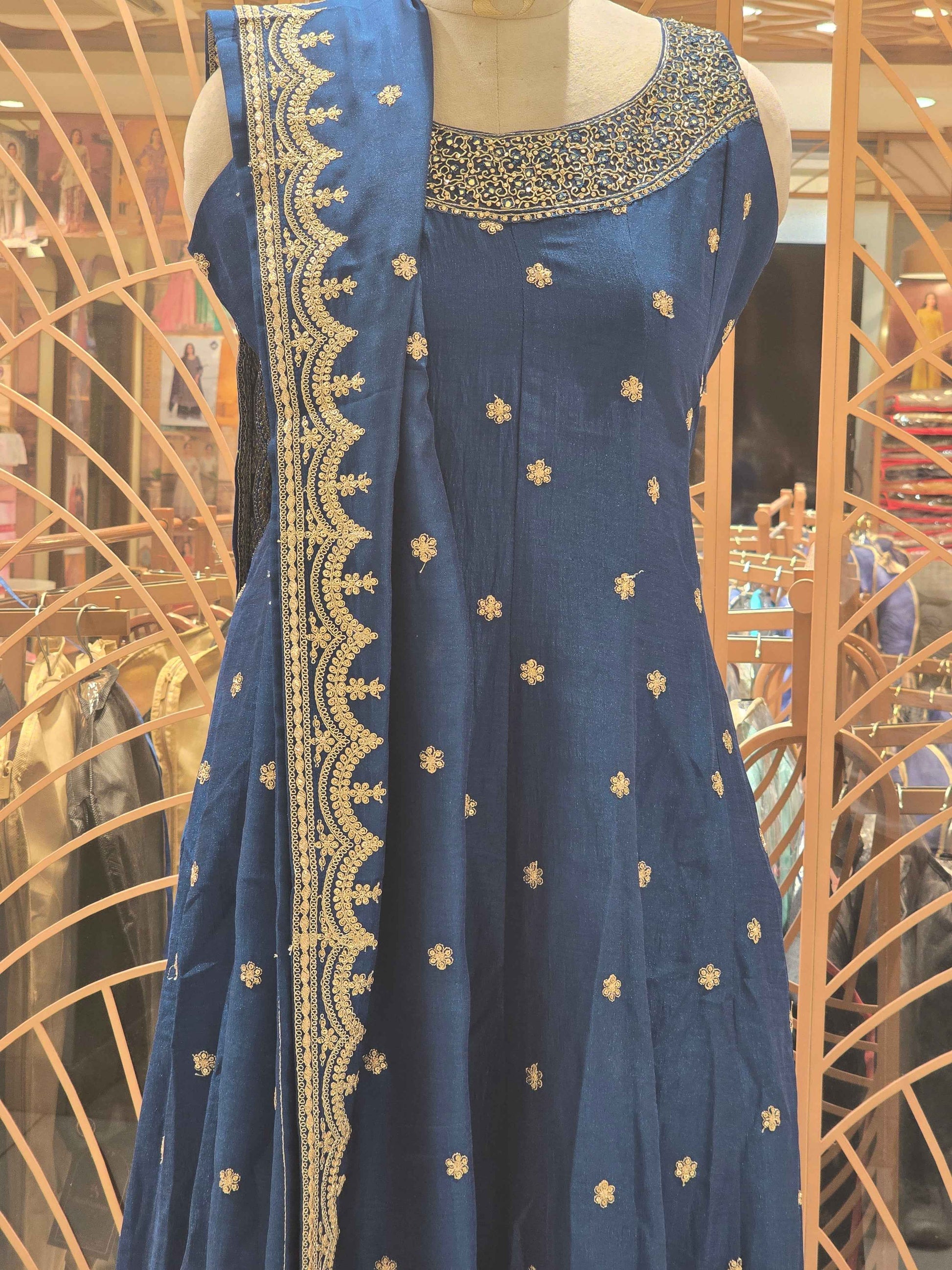 Crepe material peacock blue color Anarkali kurta set with grand neck