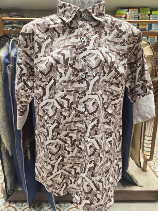 Boy White Chocolate Brown Printed Cotton Shirt