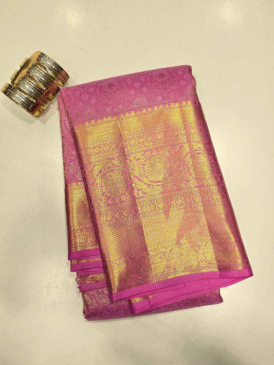 Pure handloom kanjivaram brocade silk baby pink colour self saree with fancy silver design over the body and rich pallu