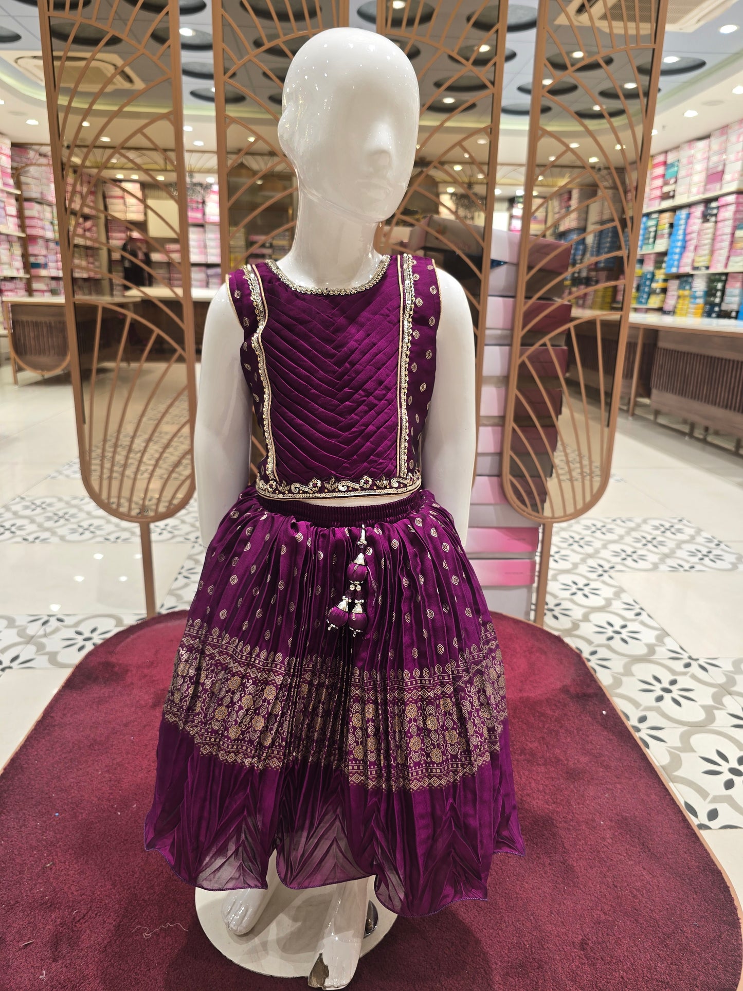 Girls Magenta Shiffon Traditional Skirt & Top Set – Handwork Neck & Waist Ethnic Wear (2pcs)