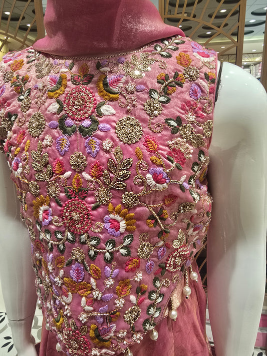 Dual Pink Shade Organza Indo Western Set for Girls with Crook Top, Ladkan Beads & Embroidery – 3 Piece Ethnic Wear