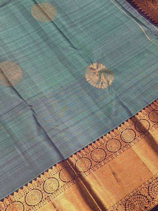 Handloom Pure Kanjivaram Silk Saree with Kolka Dots and Peacock Design Body, Traditional Rudrakshi and Gatti Border with Rich Pallu for All Occasions