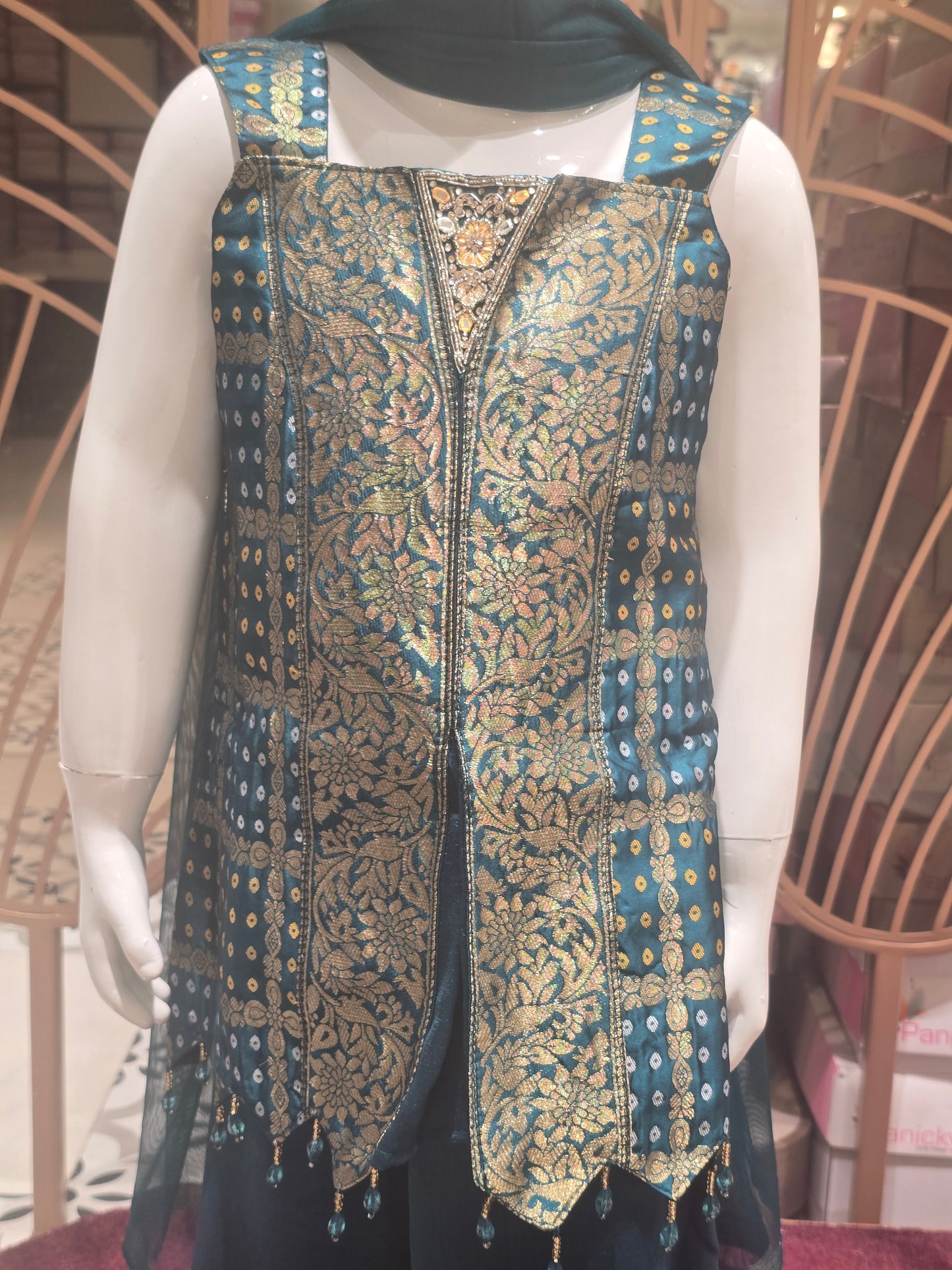 Rose Pink Tissue Silk Indo Western Palazzo Set for Girls with Banarasi Floral Design, Cape Cut Blazer & Embroidered Border – 3 Piece Set