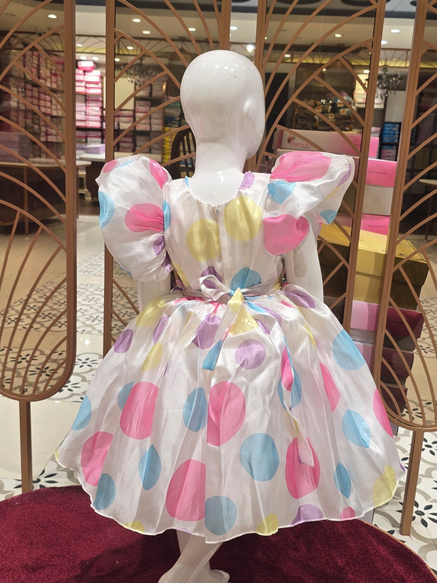 White Satin Baby Frock with Rainbow Polka Dots for Girls