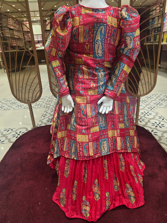 Orange Crepe Traditional Party Wear Gown for Girls with Detachable Open Jacket, Handwork Neck and Waist Detailing