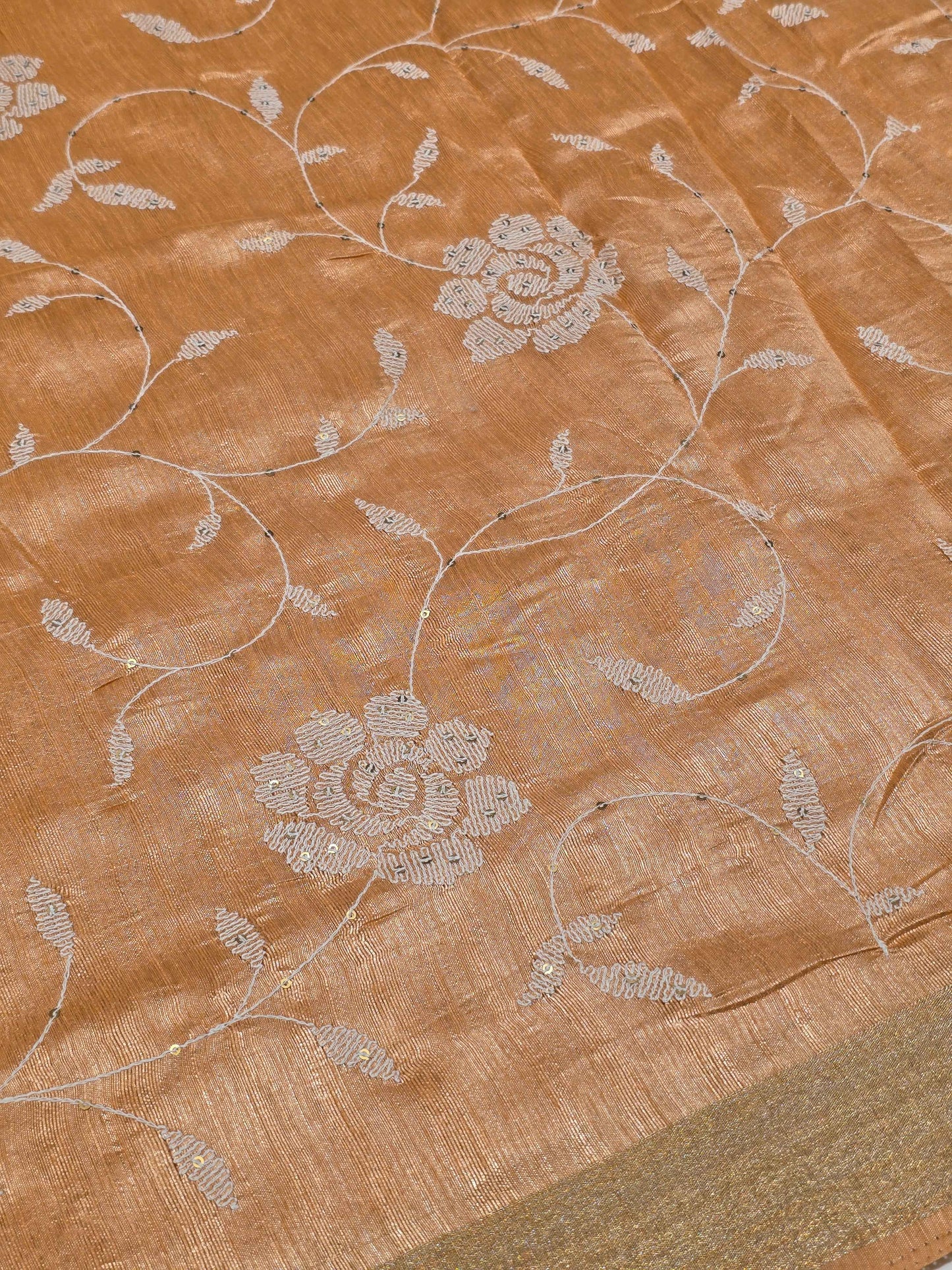 Tussar Saree with White Floral Embroidery