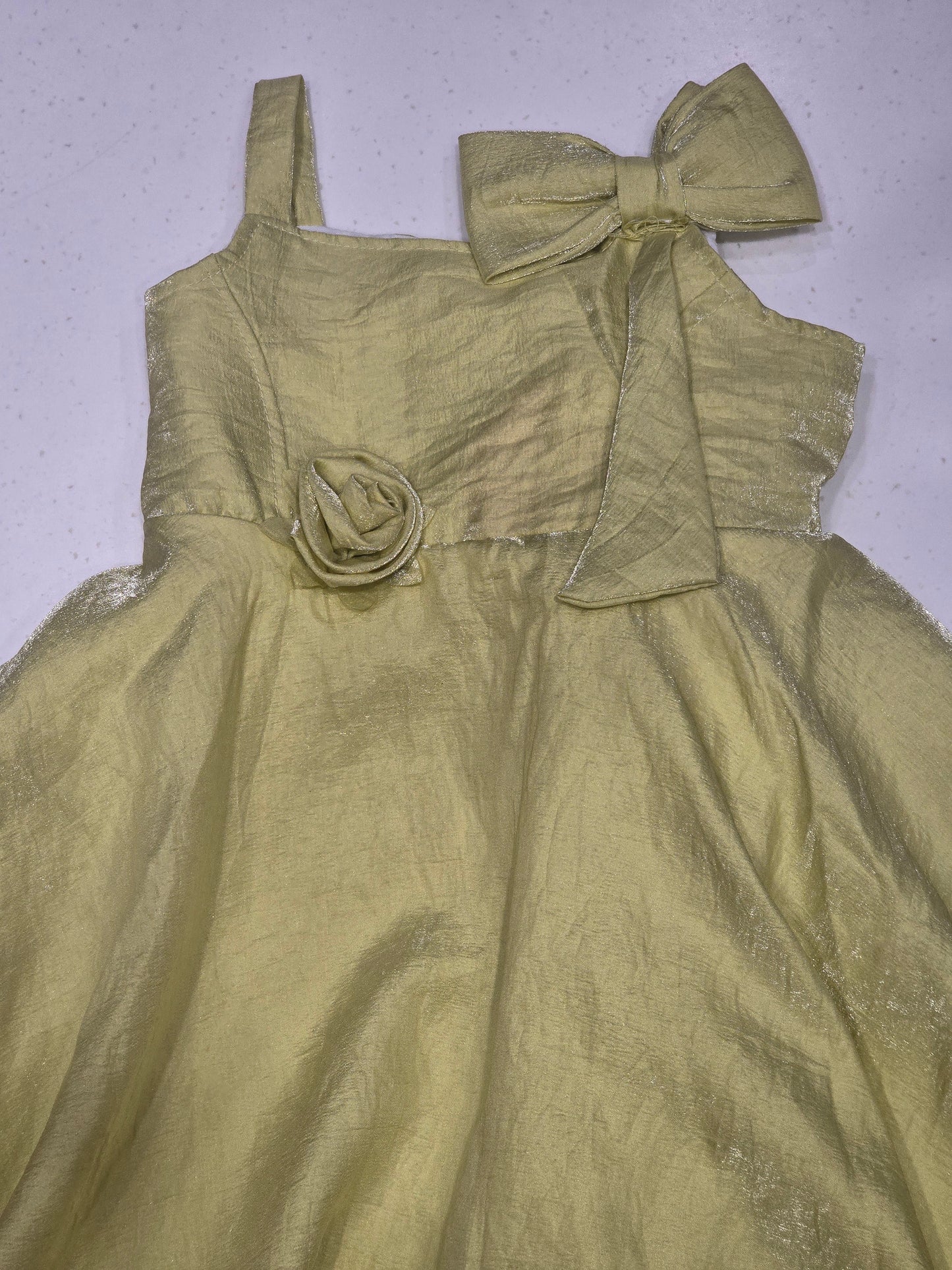 Shimmer material onion oink color baby frock with designer bow