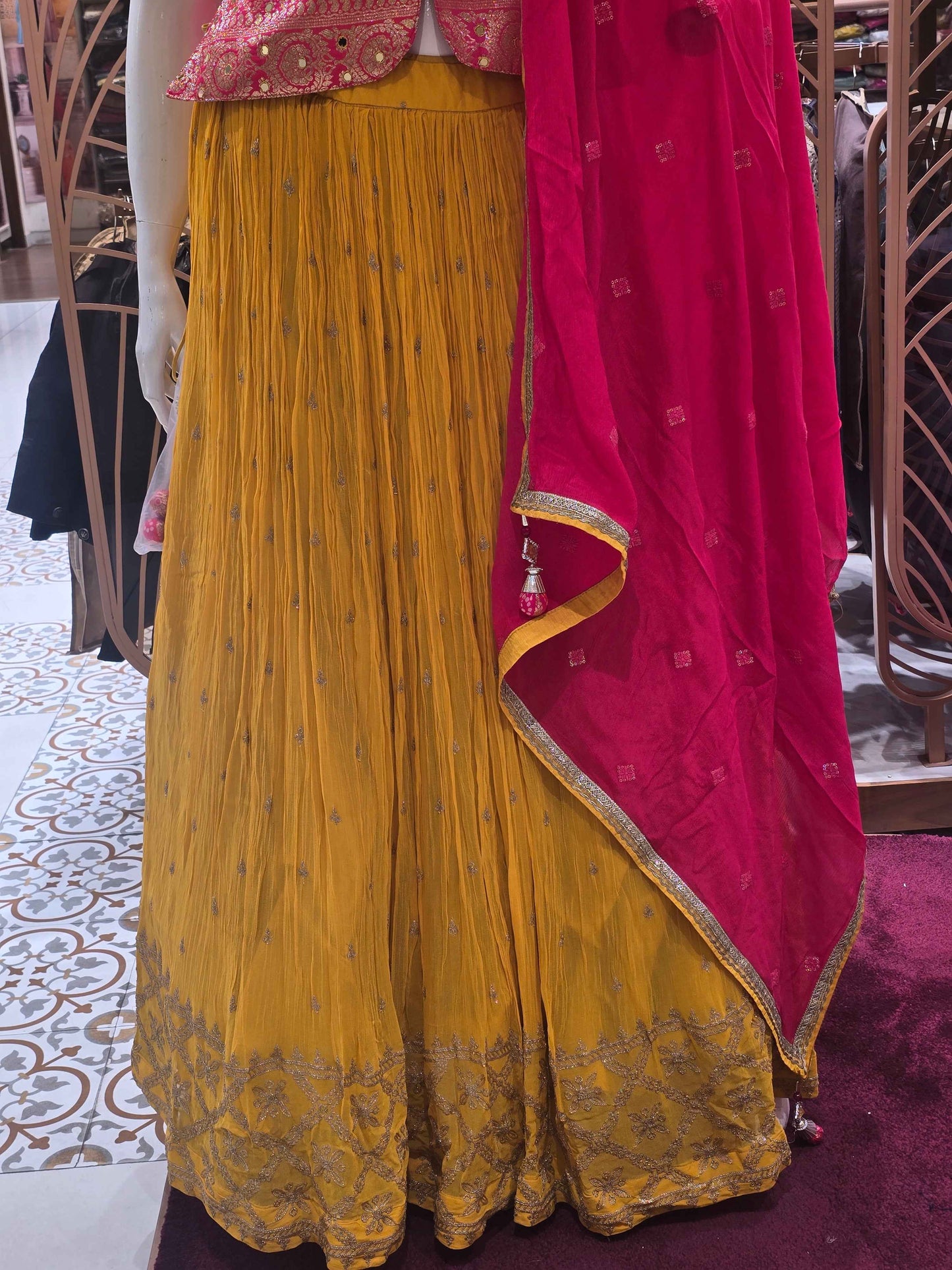 Women Yellow Pink Bandhani Silk Lehenga Set