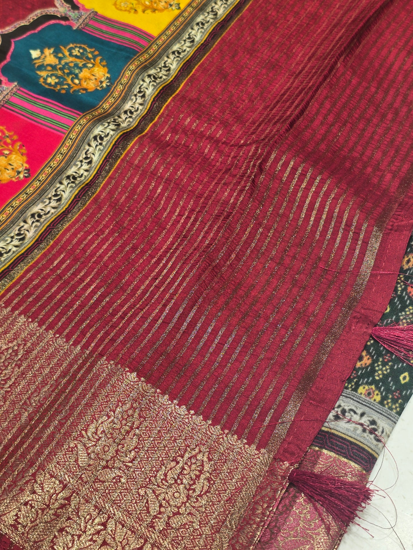 Semi Crepe Printed Silk Saree with Banarasi Border and Contrast Butta Blouse | Festive & Party Wear