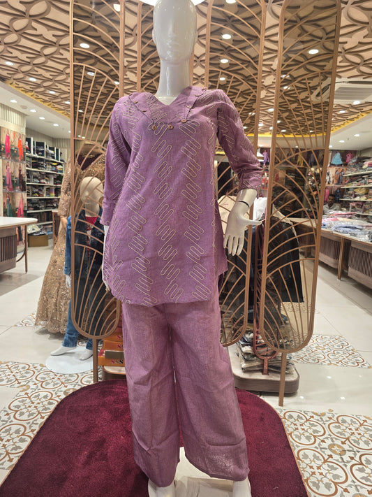 Women’s Lenin Cotton Coat Set in Baby Pink with All-Over Thread Work, Collar Style Neck and Matching Lenin Pant for Daily Wear