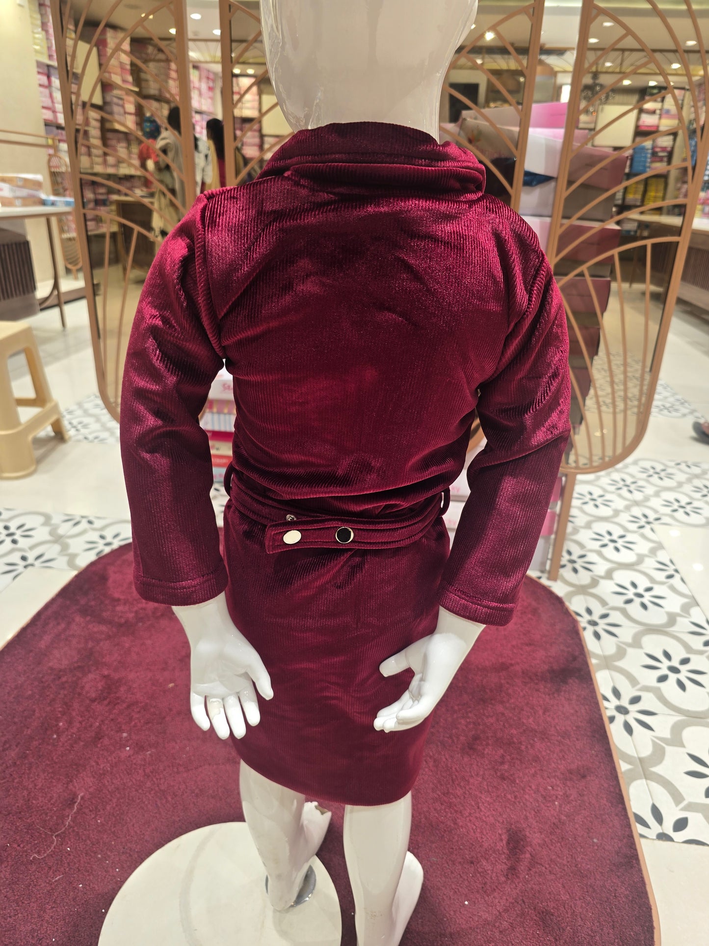 Maroon Corduroy Western Frock Set with Belt & 4 Pockets (3-Piece Set)