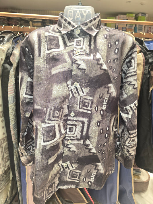 Boys Grey Printed Cotton Shirt with Collared Neck and Foldable Sleeves