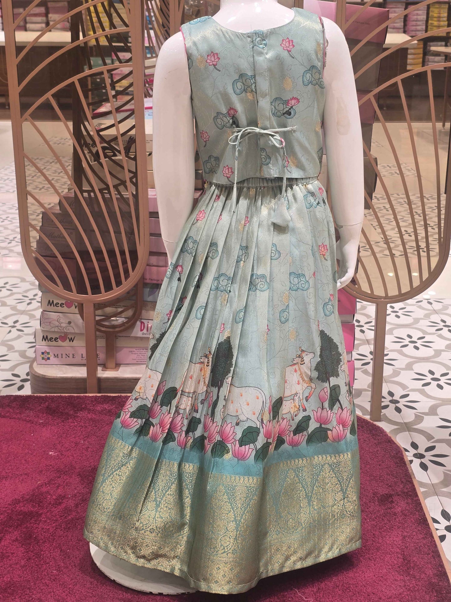 Tissue Material sky blue colour traditional wear with kalamkari print