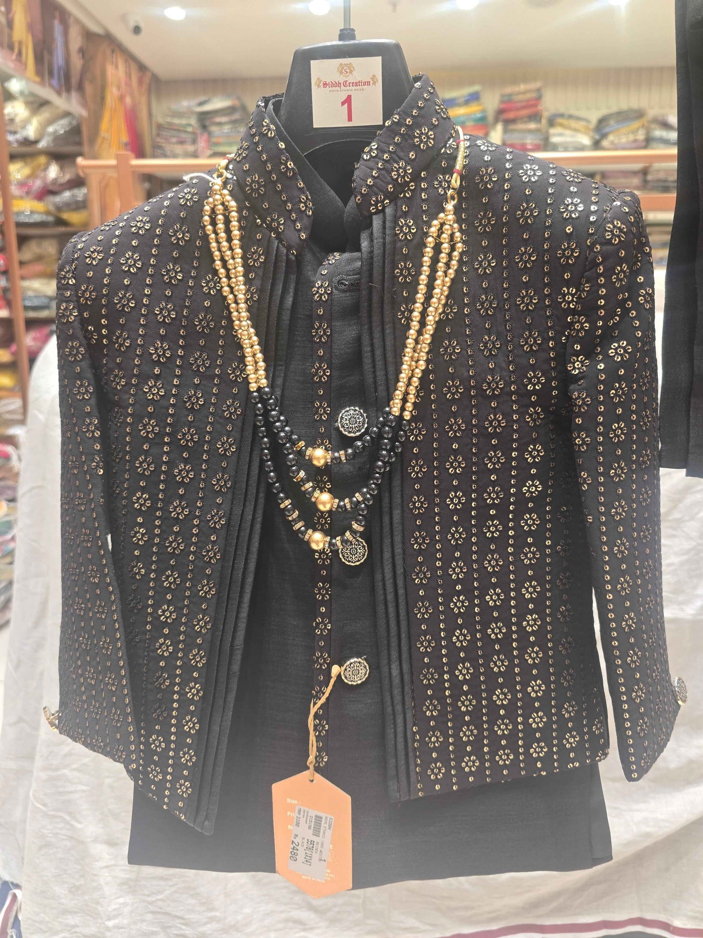 Boys Black Dupion Silk Indo-Western Set with Mala