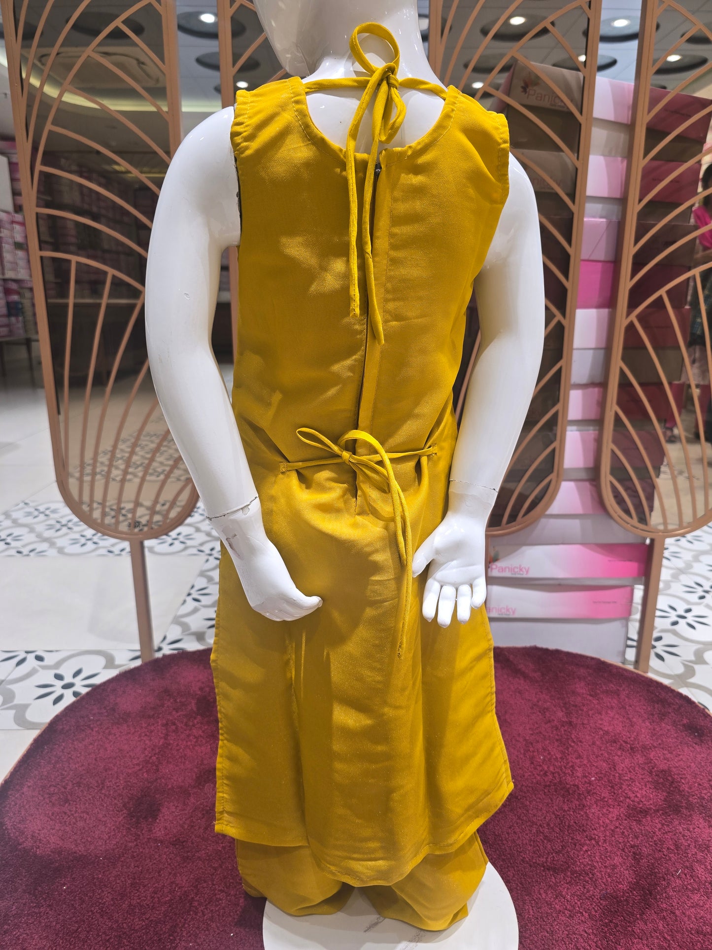 Girls Mustard Yellow Tissue Sharara Set with Embroidered Round Neck and Floral Dupatta