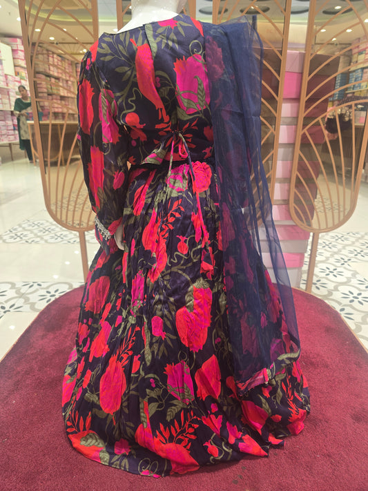 Girl Blue Floral Chiffon Ghagra Choli Set