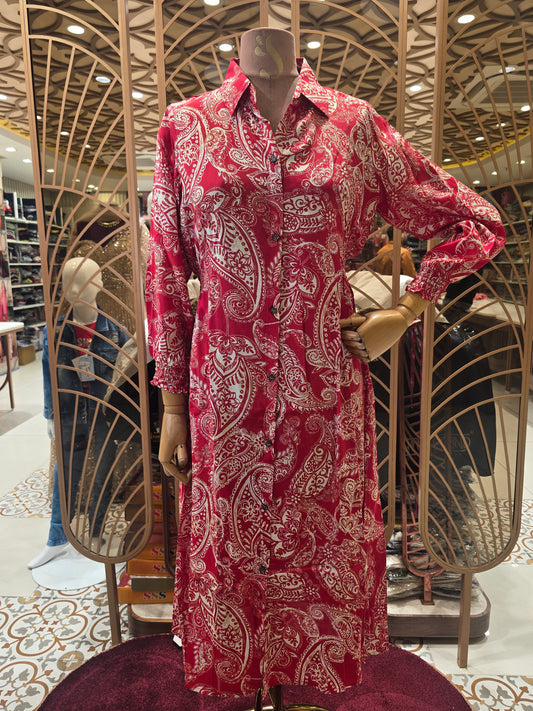 Women’s Umbrella Style Kurta in Red with Mango Design Prints, Collar Neck and Full Sleeves for Daily Wear