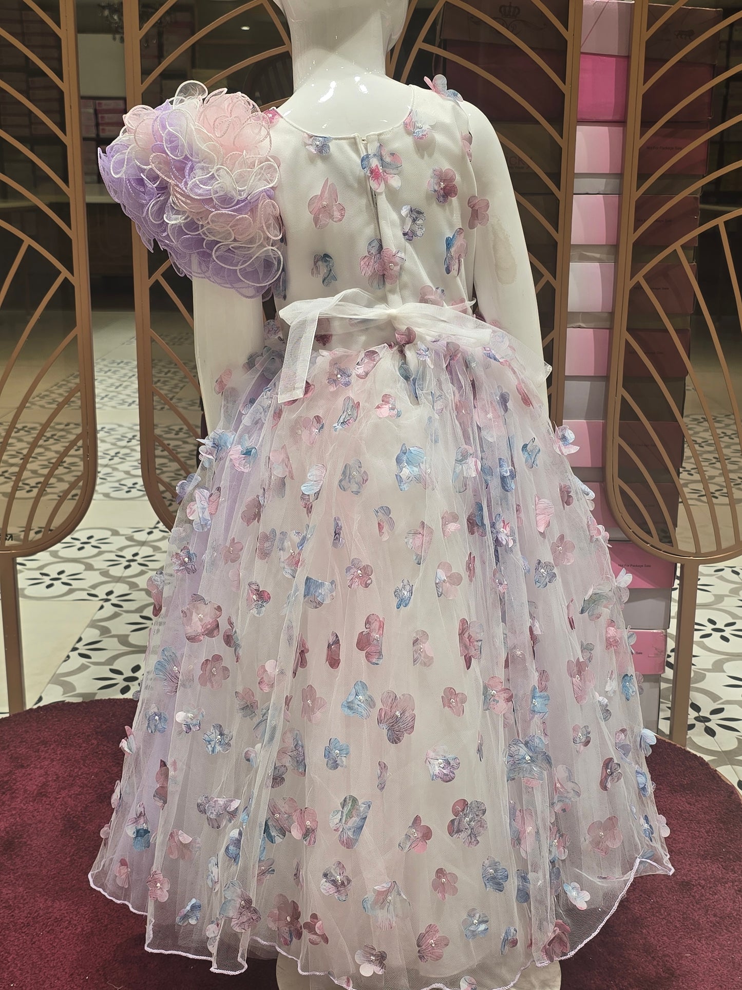 Girl White Floral Cut Knitted Birthday Gown